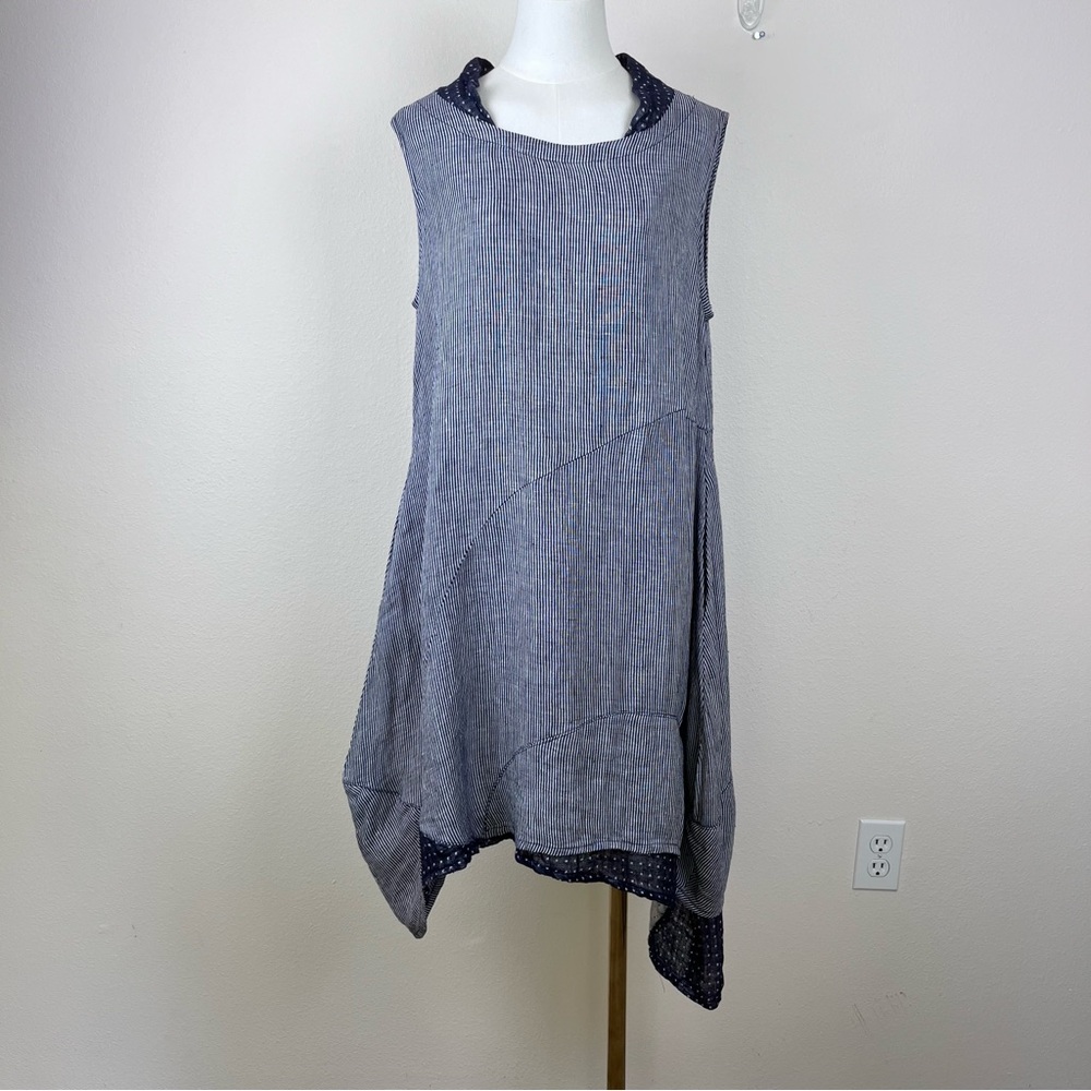 Banana Blue Dress Womens Extra Small Stripe Linen Lagenlook Bohemaian Midi Blue